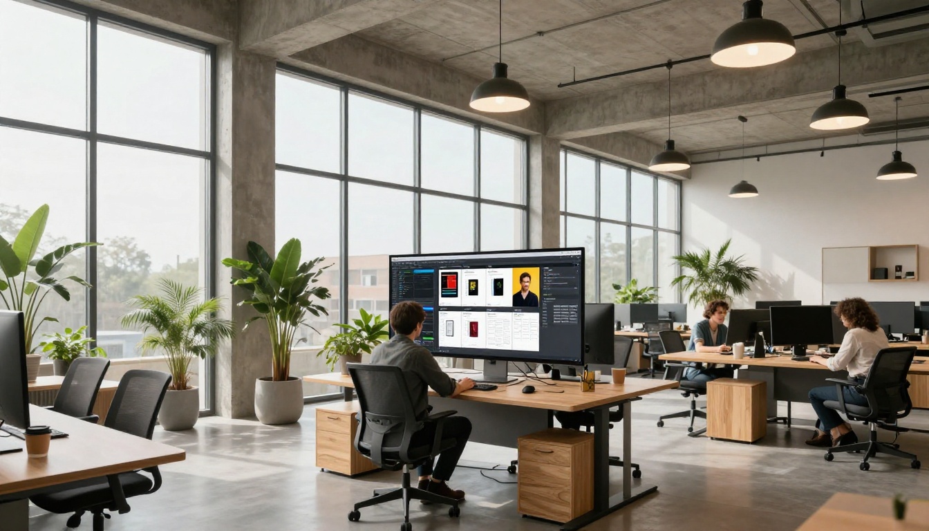 Three colleagues gathered around a standing desk in a bright daylit open-plan office reviewing a digital publishing workflow on a large monitor Three colleagues gathered around a standing desk in a bright daylit open-plan office reviewing a digital publishing workflow on a large monitor