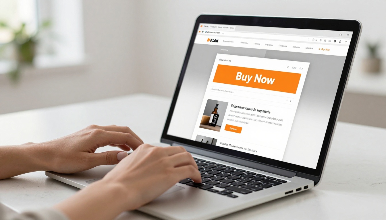 Close-up of feminine hands typing on silver laptop embedding buy-now button into flipbook catalog editor