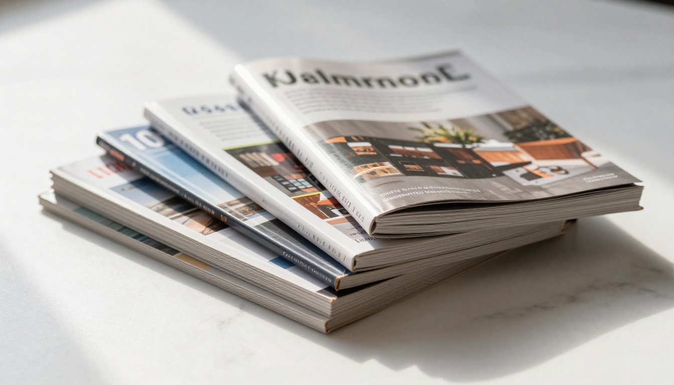 Neat fan spread of five printed publication types including a magazine, brochure, and catalog on white marble in directional morning light
