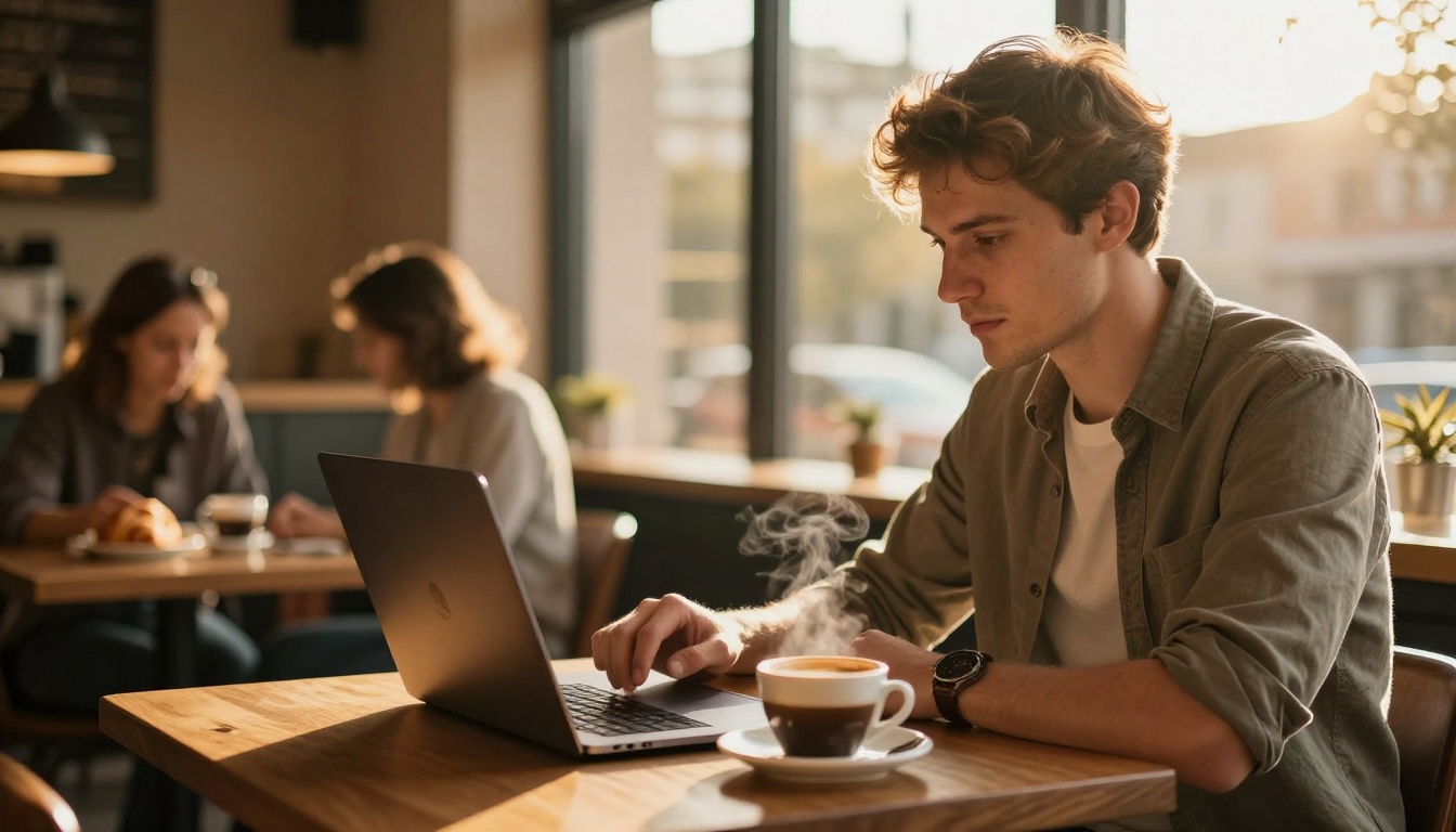 Young professional man working on a digital publishing platform at a coffee shop table in warm golden hour light from large windows Young professional man working on a digital publishing platform at a coffee shop table in warm golden hour light from large windows