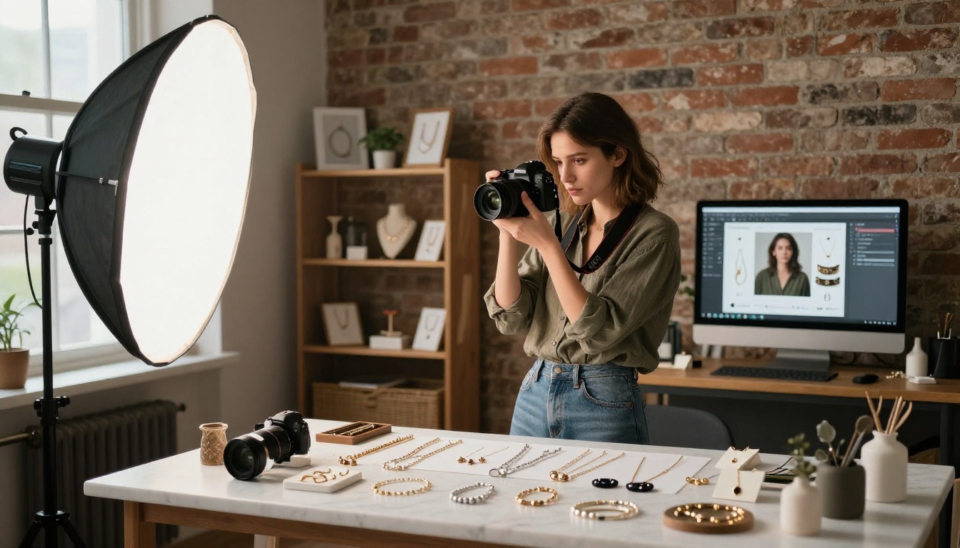 Small business owner photographing artisan jewelry arranged on marble surface for a digital catalog in rustic-modern studio