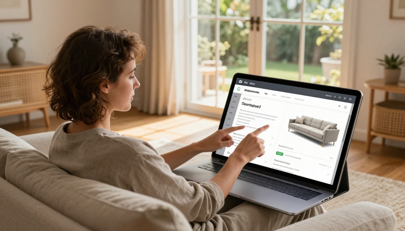 Couple browsing digital furniture catalog flipbook on iPad together on linen sofa in Scandinavian-style living room