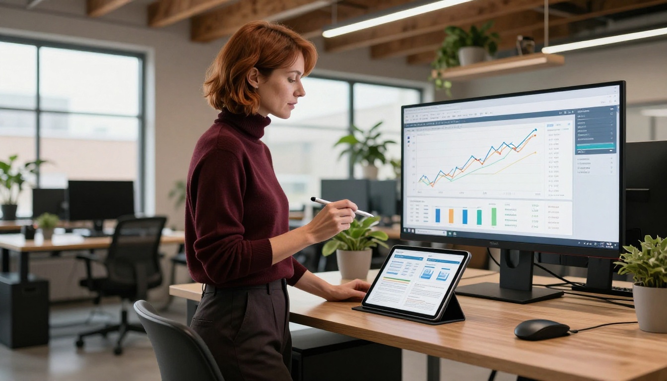 Marketing director at sit-stand desk reviewing e-commerce analytics dashboard beside open flipbook catalog on tablet in modern open office