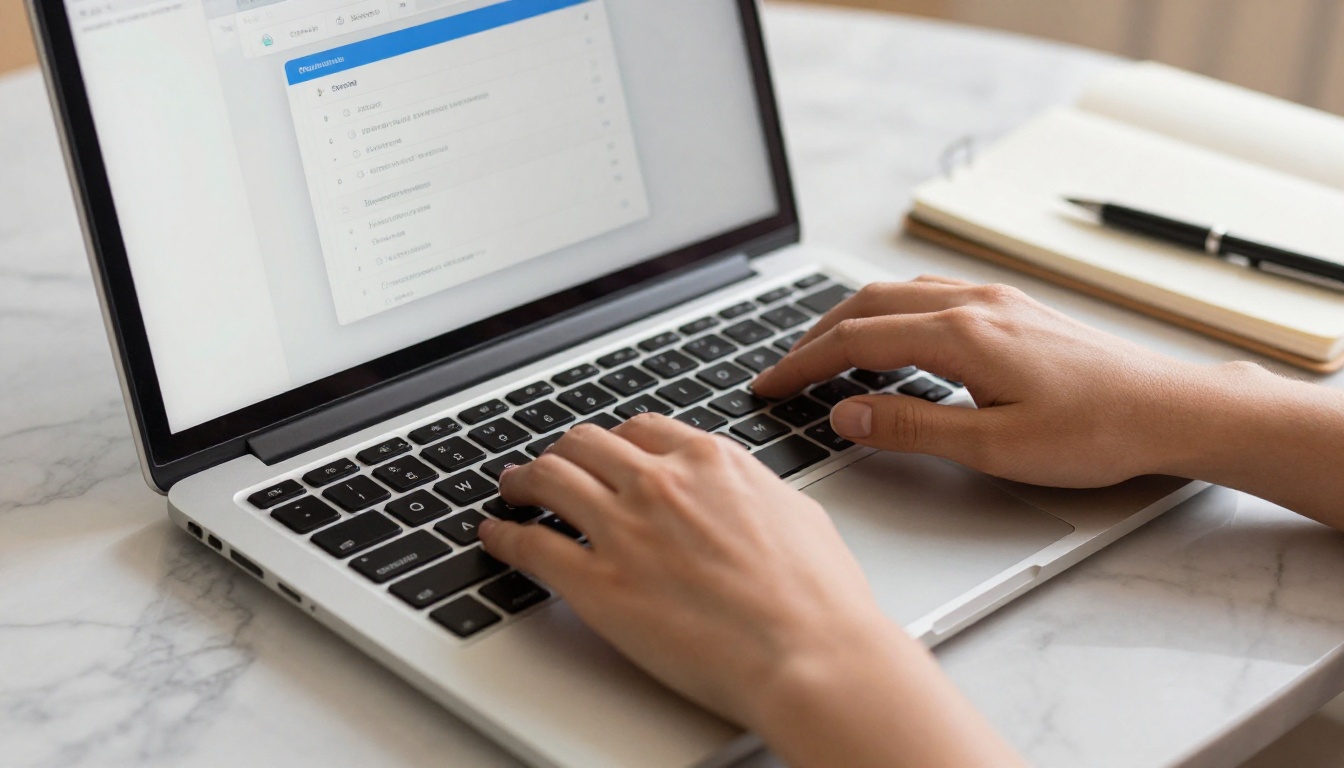 Professional hands typing on a MacBook showing a cloud platform dashboard with file upload interface