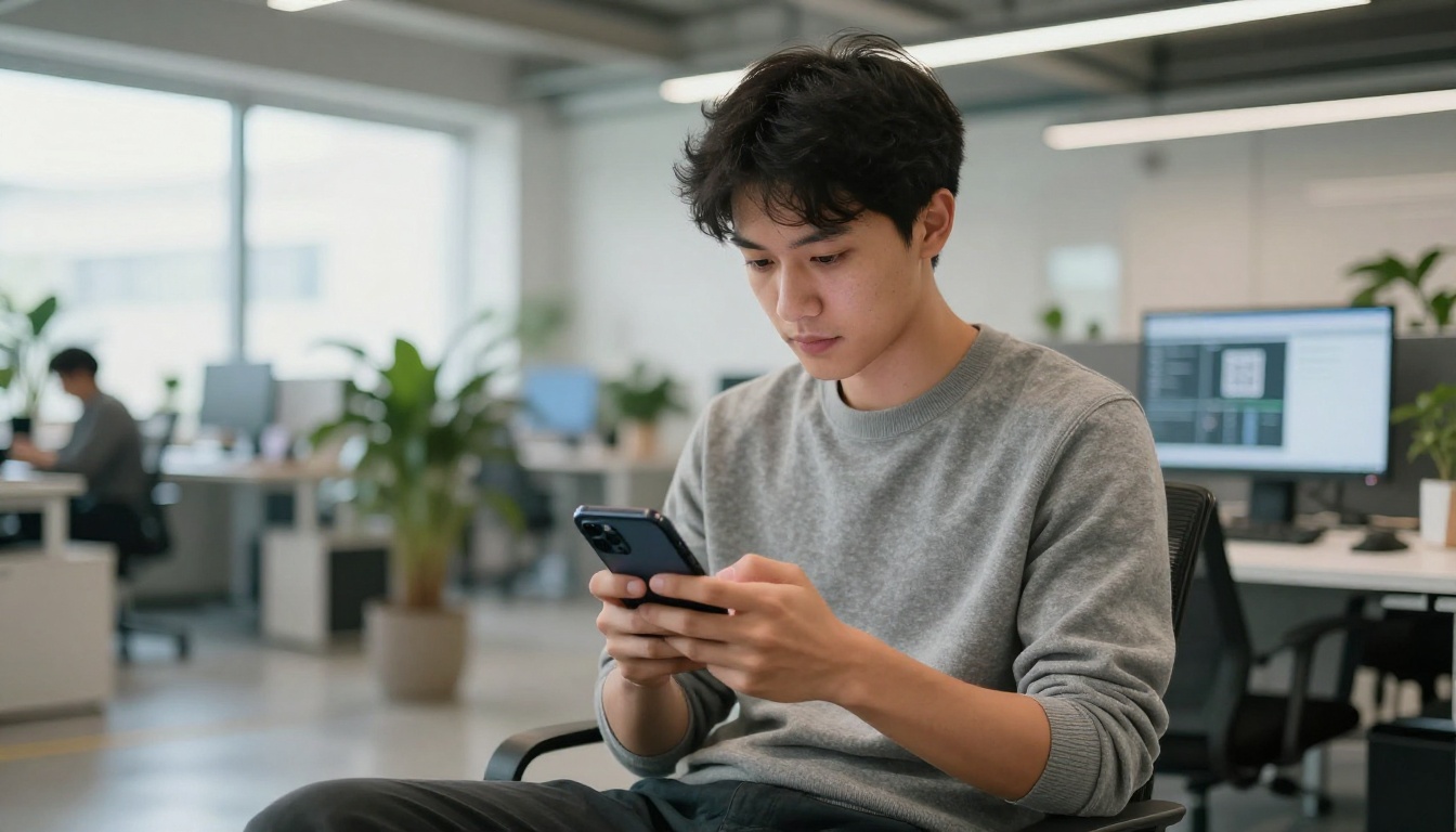 Young man in modern open-plan office holding smartphone showing digital flipbook share interface with QR code