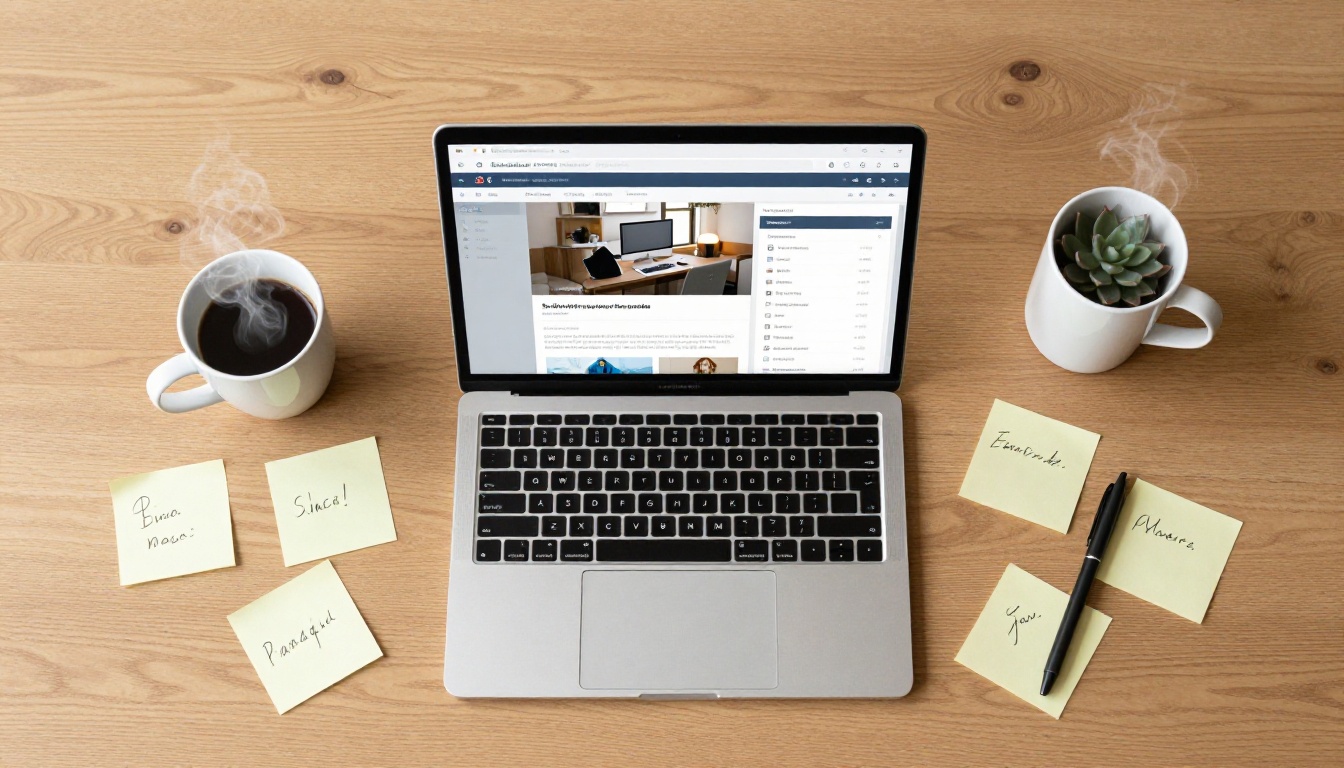 Aerial flat-lay of a light oak desk with laptop showing website builder with embedded flipbook preview and sticky notes