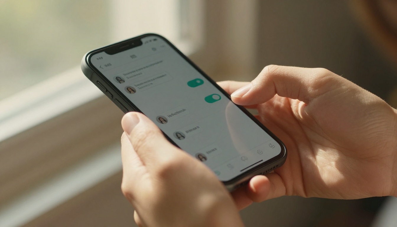 Woman's hands holding smartphone with sharing dialog and link toggle options Woman's hands holding smartphone with sharing dialog and link toggle options