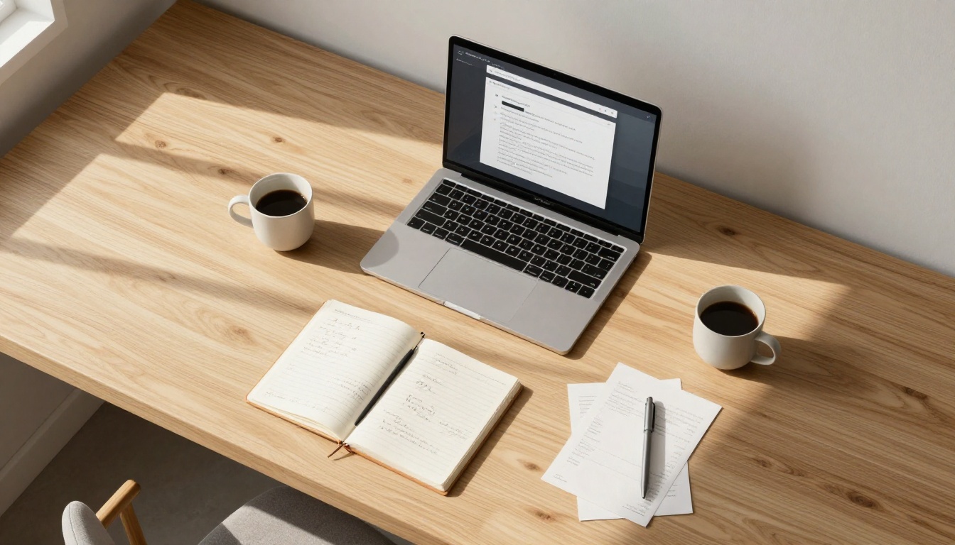 Aerial view of a modern desk with laptop and document sharing interface Aerial view of a modern desk with laptop and document sharing interface