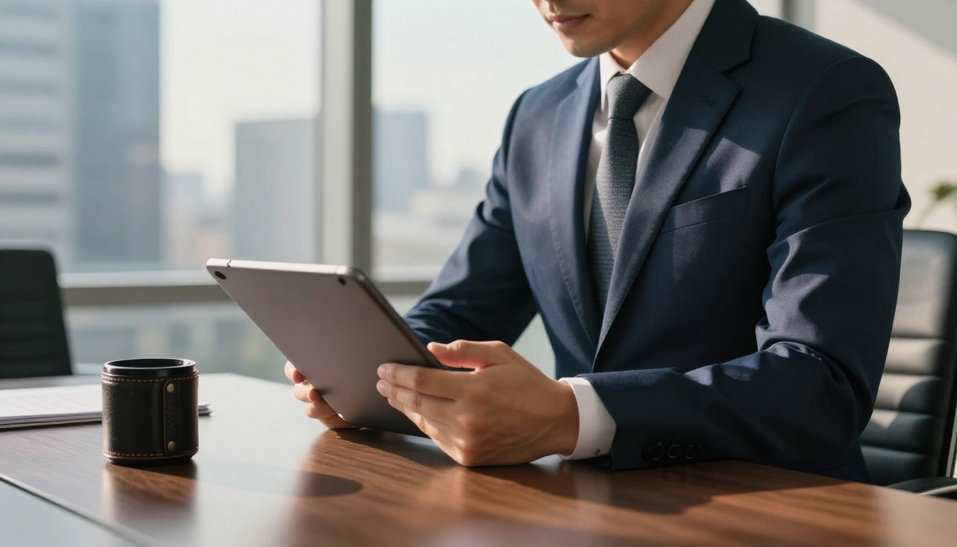 Businessman in navy suit reviewing a digital document on tablet in modern office