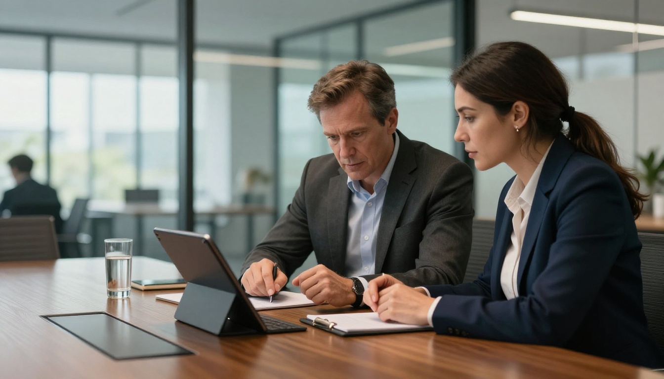 Two business professionals reviewing a digital catalog displayed on a large tablet in a modern conference room