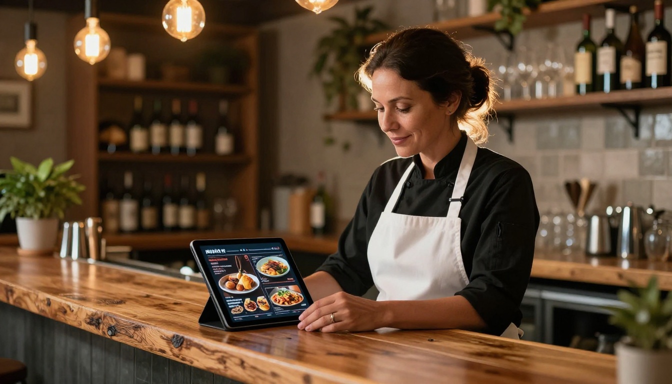 Restaurant owner with olive skin standing at rustic wooden bar counter holding tablet showing digital menu