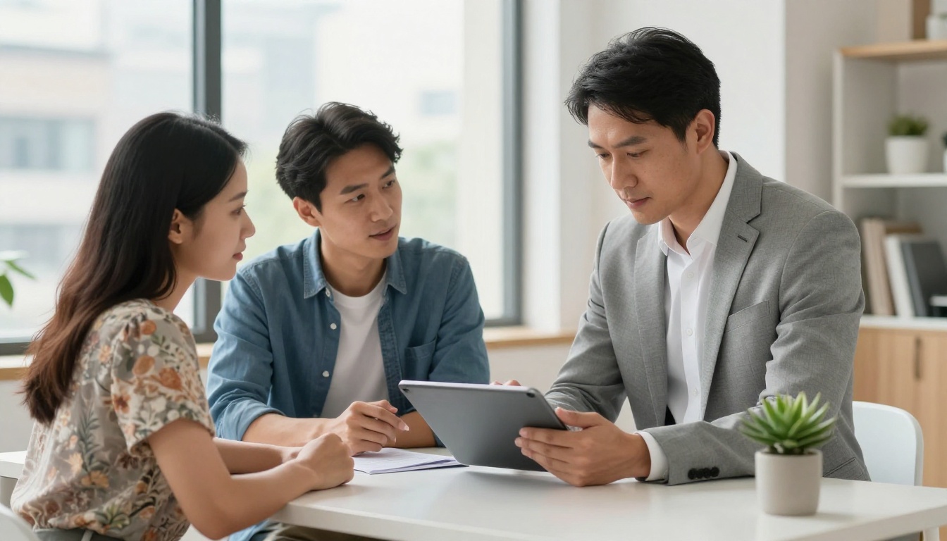 Real estate agent in light gray suit showing property brochure flipbook on tablet to young couple in a bright office