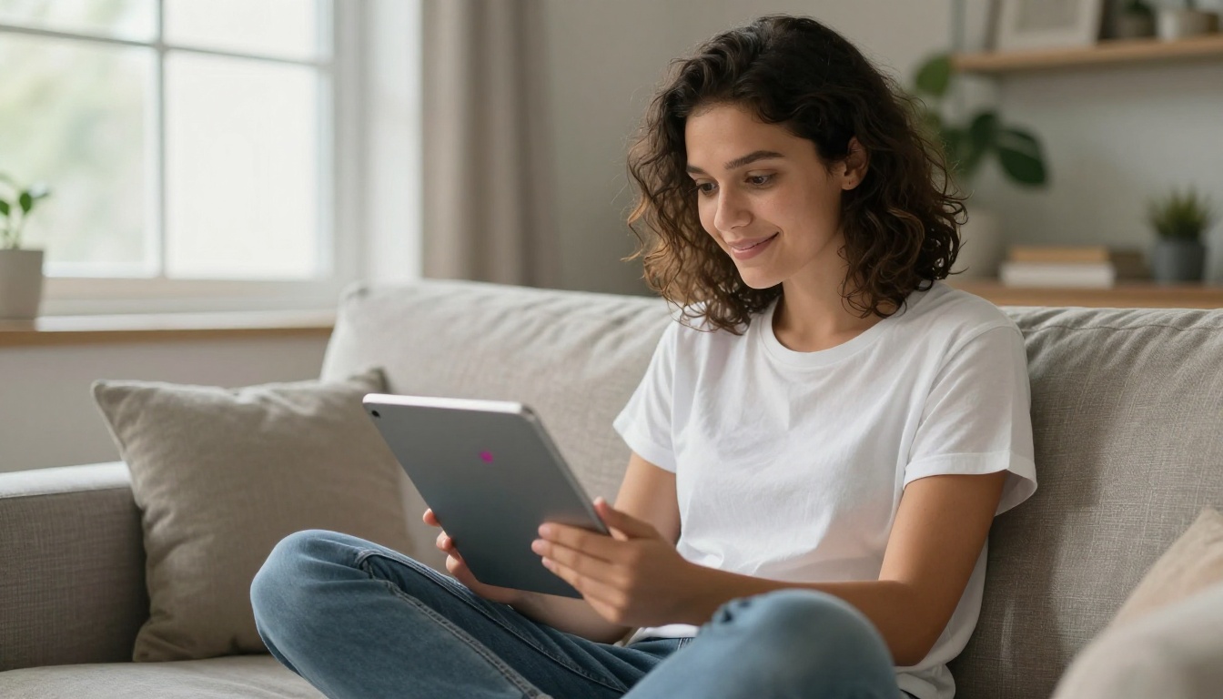 Young woman sitting on sofa looking at colorful digital document on tablet Young woman sitting on sofa looking at colorful digital document on tablet