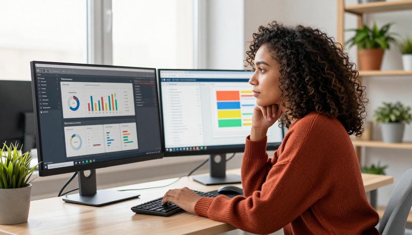 Young woman with natural curly hair looking at analytics dashboard and digital flipbook on dual monitors in creative studio