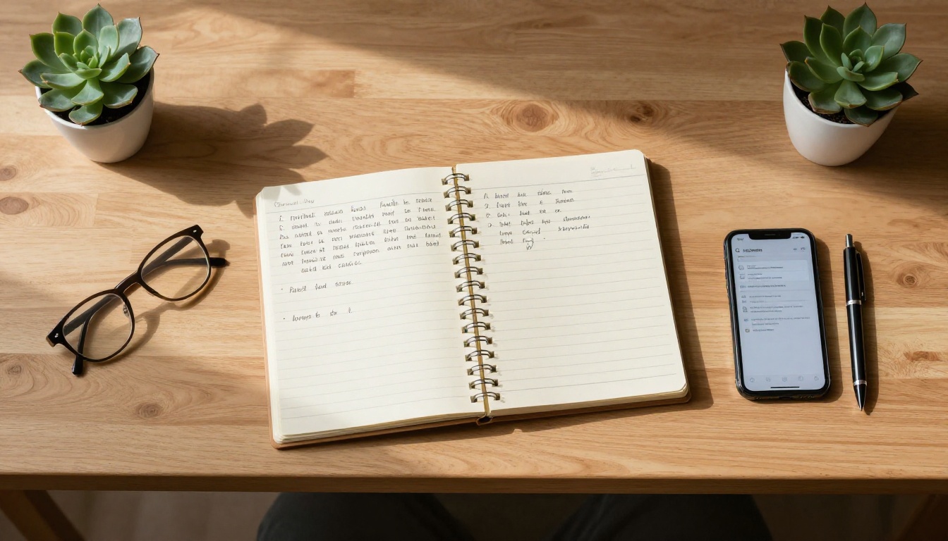 Flat lay of wooden desk with notebook, smartphone showing URL field, and pen Flat lay of wooden desk with notebook, smartphone showing URL field, and pen