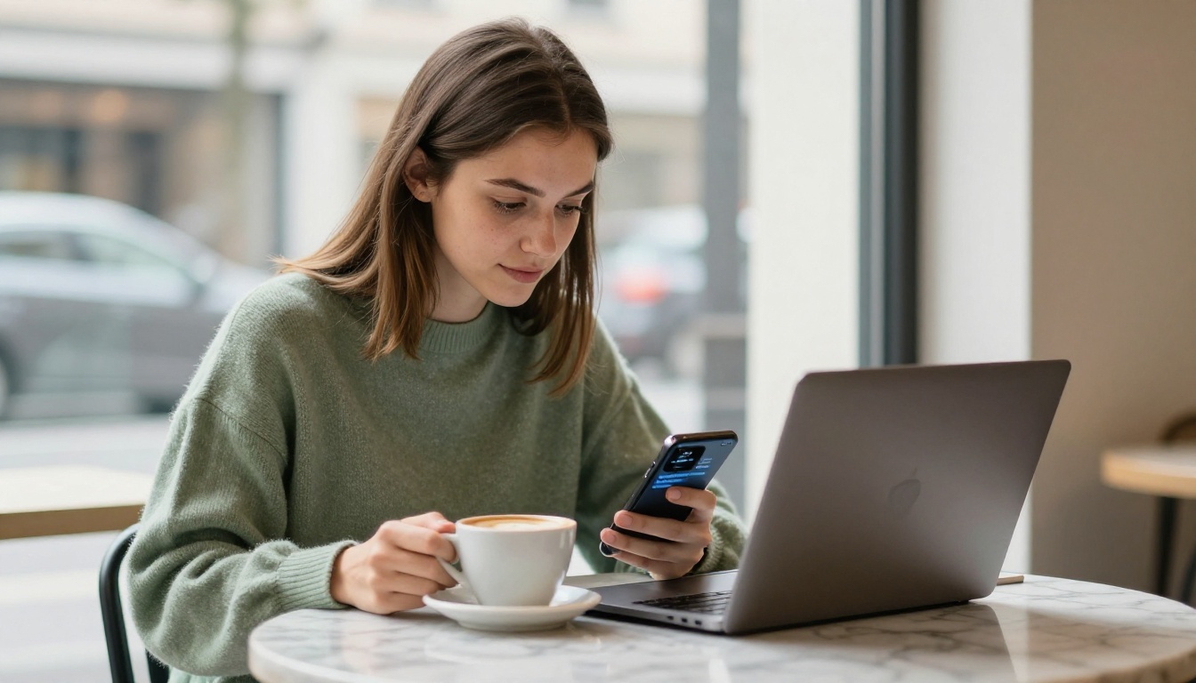Young woman in sage green sweater at marble cafe table looking at smartphone showing a digital flipbook share link