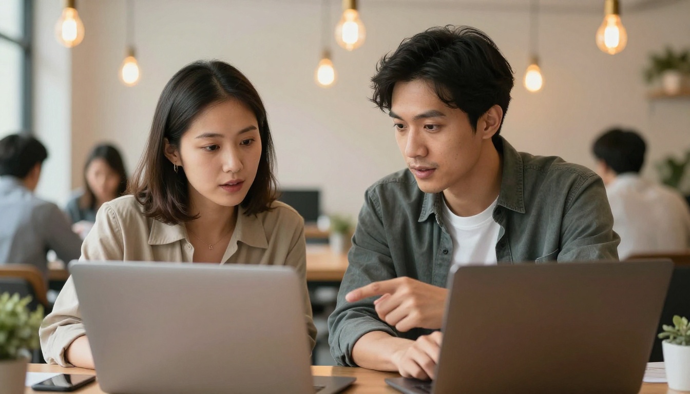 Two professionals discussing content on a shared laptop in a bright co-working space