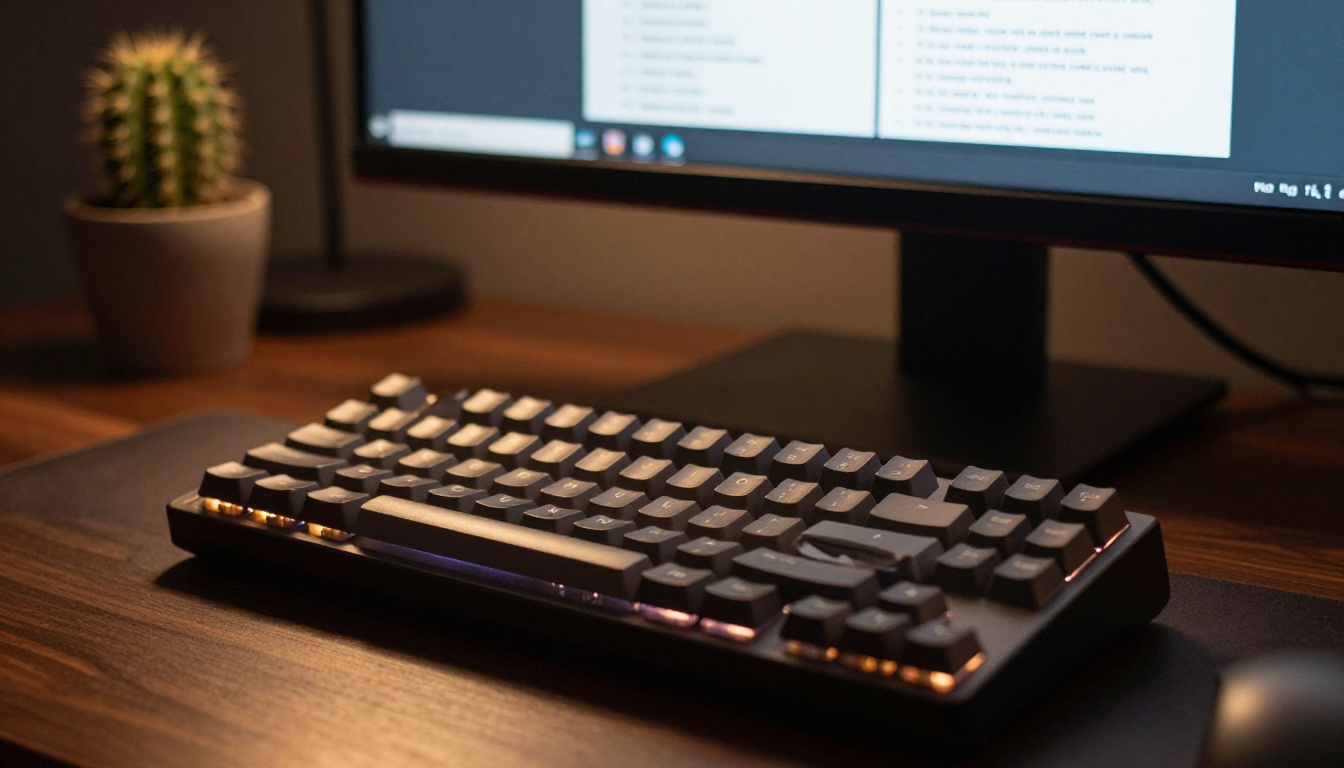 Close-up of mechanical keyboard in sharp focus with curved monitor in background showing a comparison table webpage