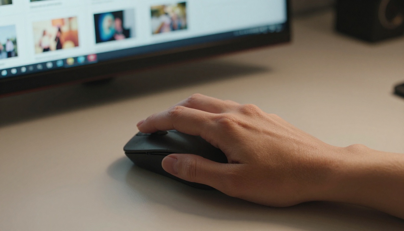 Woman's hand clicking mouse near monitor displaying document page thumbnails