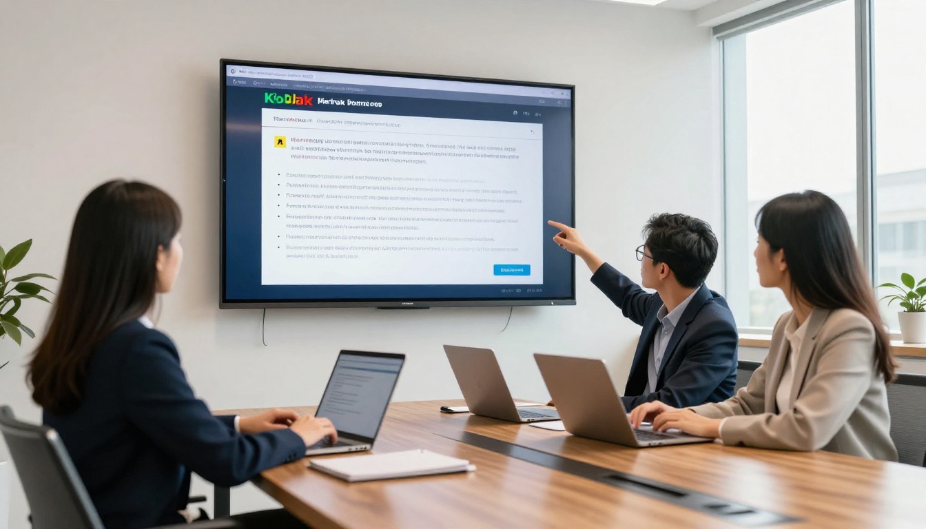 Marketing professional presenting a digital flipbook on wall-mounted display in a meeting room