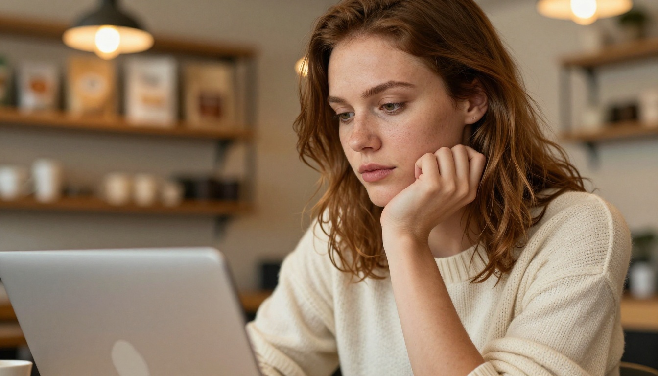 Focused woman thinking at a coffee shop with open laptop on table