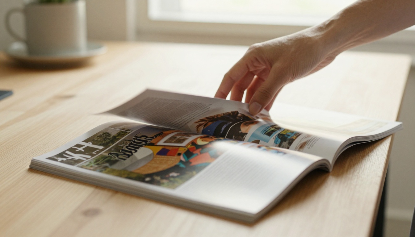 Close-up of hands mid-flip through printed magazine pages on a wooden desk Close-up of hands mid-flip through printed magazine pages on a wooden desk