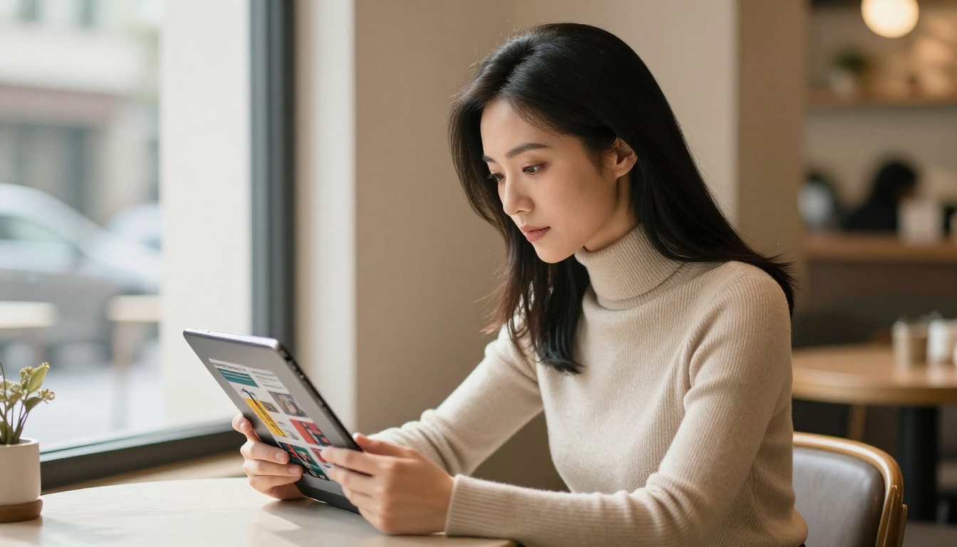 Professional woman reading a digital publication on a tablet in a sunlit cafe Professional woman reading a digital publication on a tablet in a sunlit cafe
