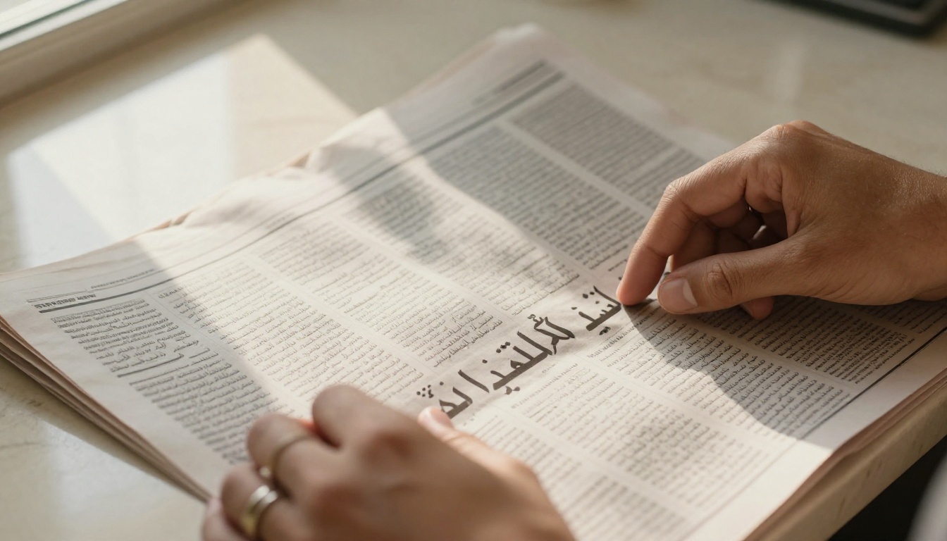 Arabic hands holding newspaper with right-to-left text columns in warm afternoon light