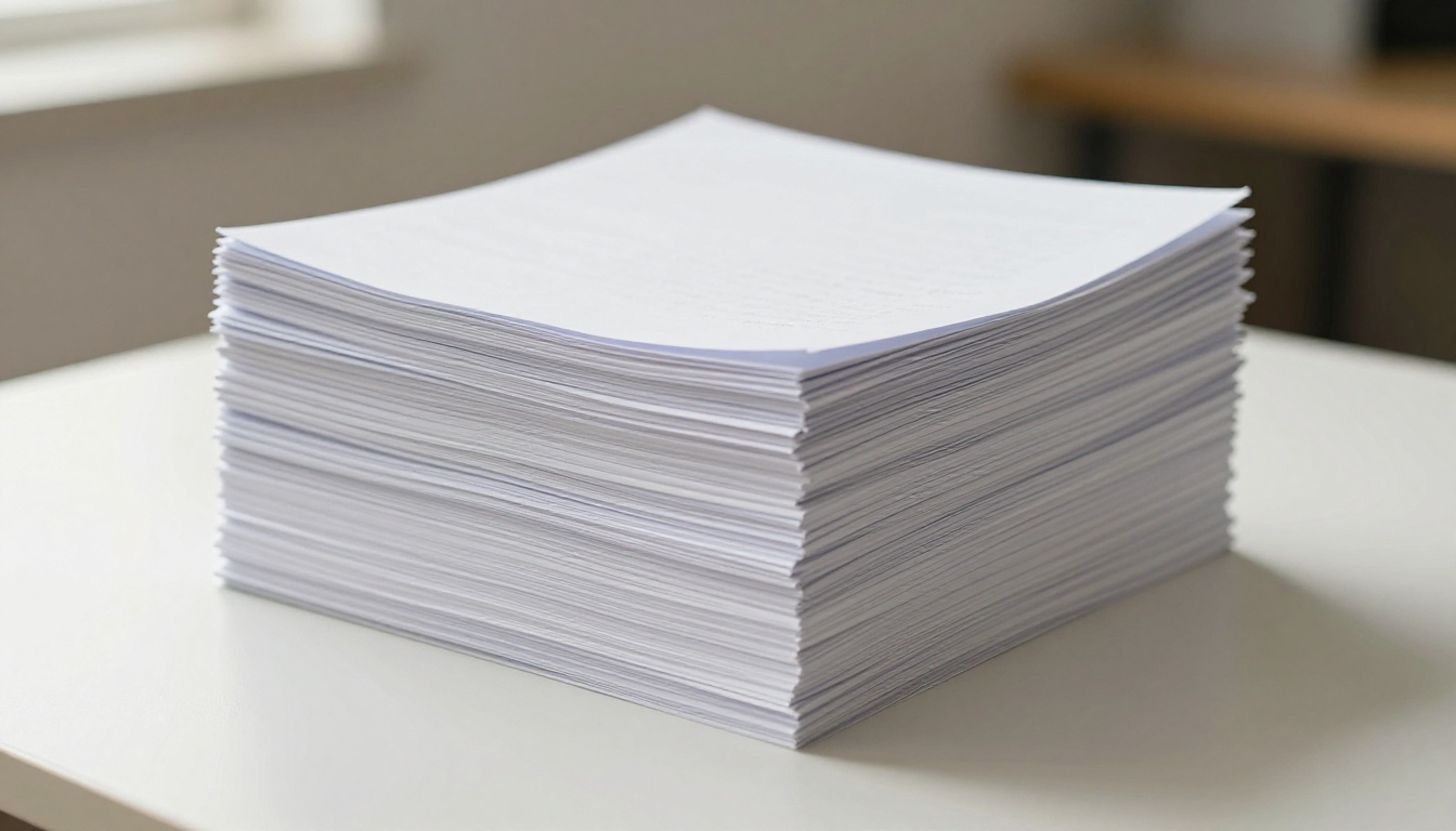 Stack of white printed documents shot from desk level with warm side lighting Stack of white printed documents shot from desk level with warm side lighting