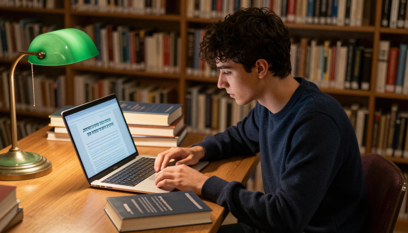 Hebrew student at university library with laptop showing a Hebrew digital flipbook website