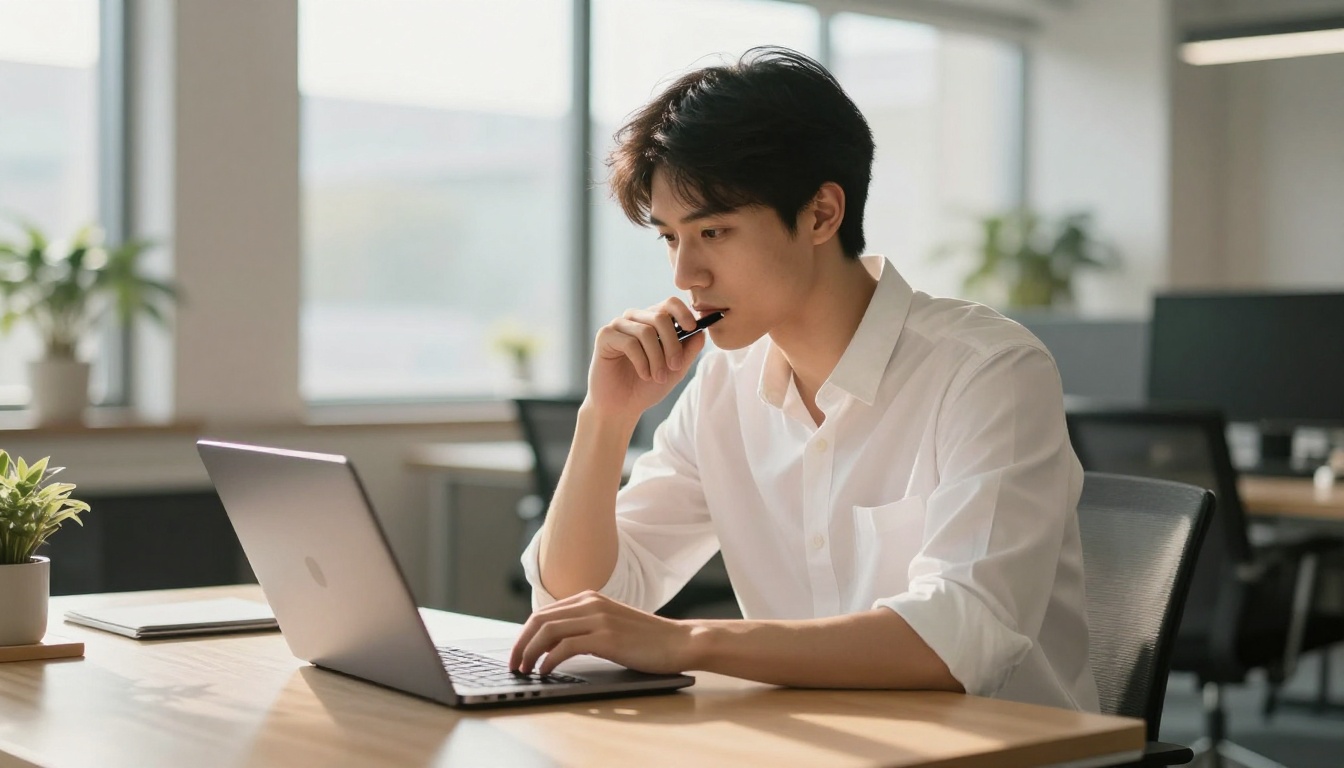 Professional man reviewing comparison data on his laptop in a bright open office Professional man reviewing comparison data on his laptop in a bright open office