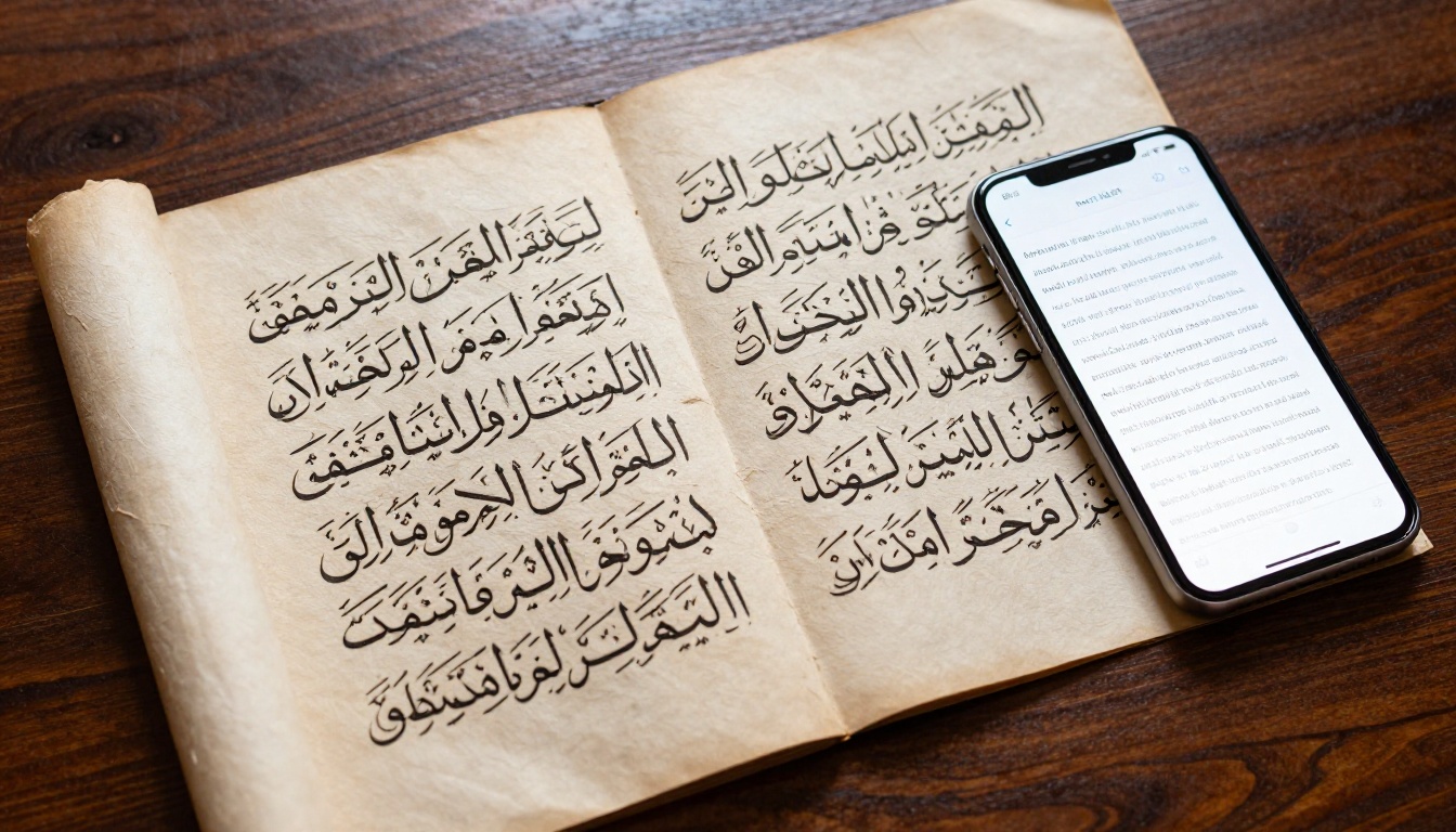 Aerial overhead view of Arabic calligraphy manuscript beside a modern smartphone on walnut wood