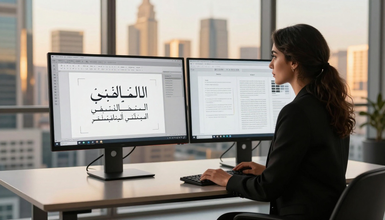 Arab graphic designer at standing desk with dual monitors showing Arabic PDF layout and flipbook preview in Dubai