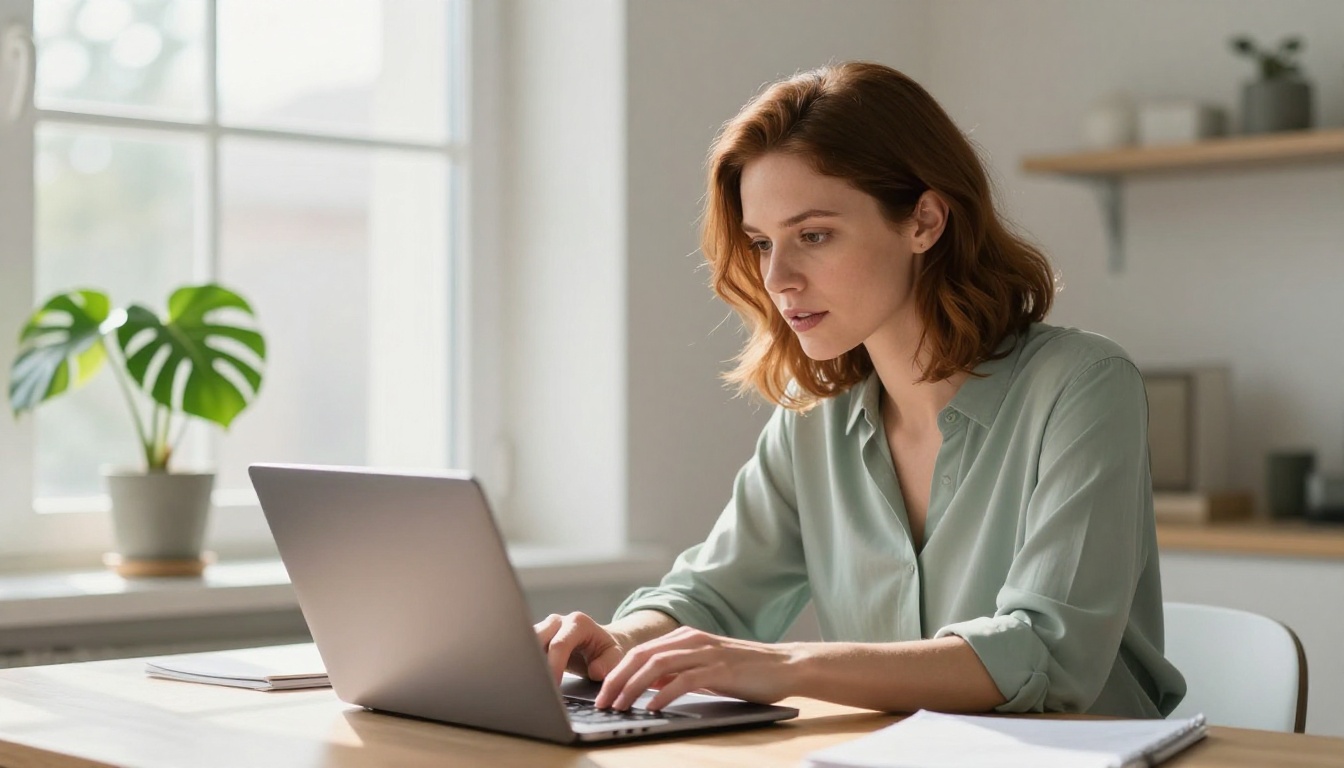 Woman in sage green blouse uploading a PDF file on her laptop in a bright home office Woman in sage green blouse uploading a PDF file on her laptop in a bright home office