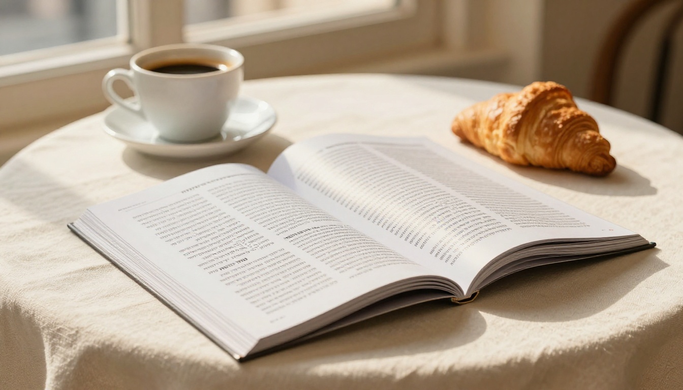 Hebrew language magazine fanned open on linen tablecloth in a sunlit Tel Aviv coffee shop