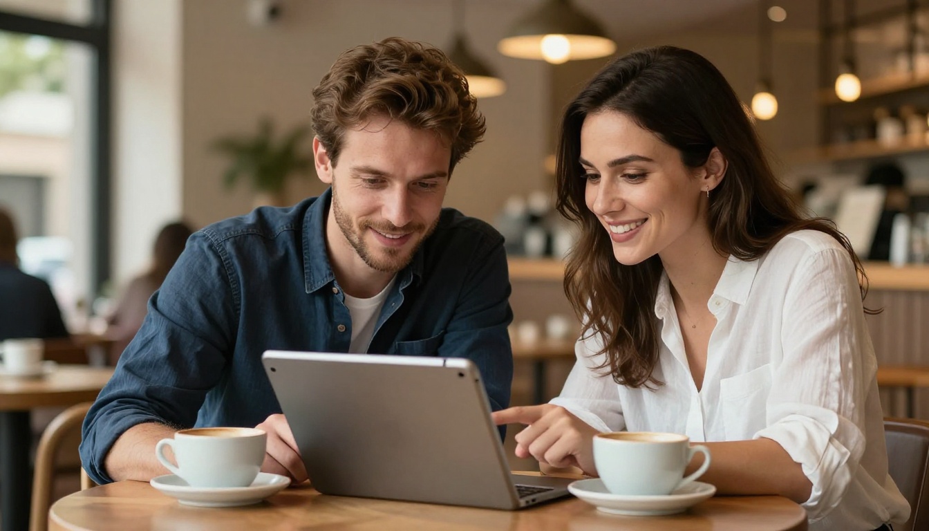 Two professionals collaborating over a tablet in a warm modern cafe setting Two professionals collaborating over a tablet in a warm modern cafe setting