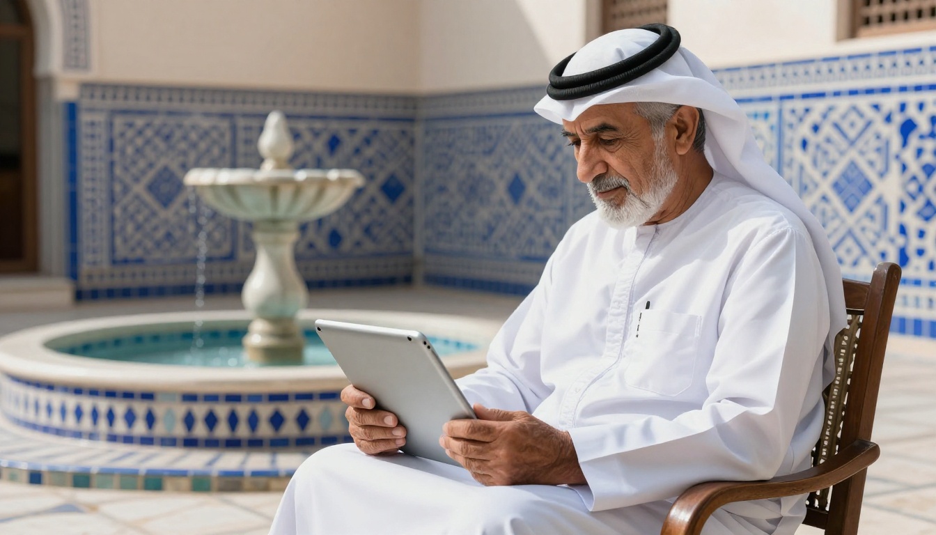 Elderly Middle Eastern man in white thobe reading Arabic flipbook on tablet in a Moroccan tiled courtyard Elderly Middle Eastern man in white thobe reading Arabic flipbook on tablet in a Moroccan tiled courtyard