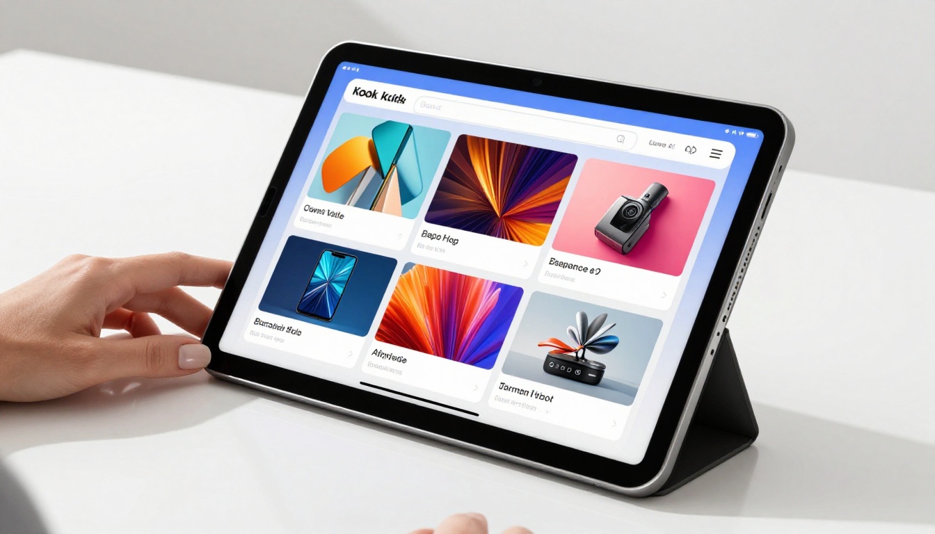 Close-up of a modern tablet displaying a vibrant digital product catalog on a white desk Close-up of a modern tablet displaying a vibrant digital product catalog on a white desk