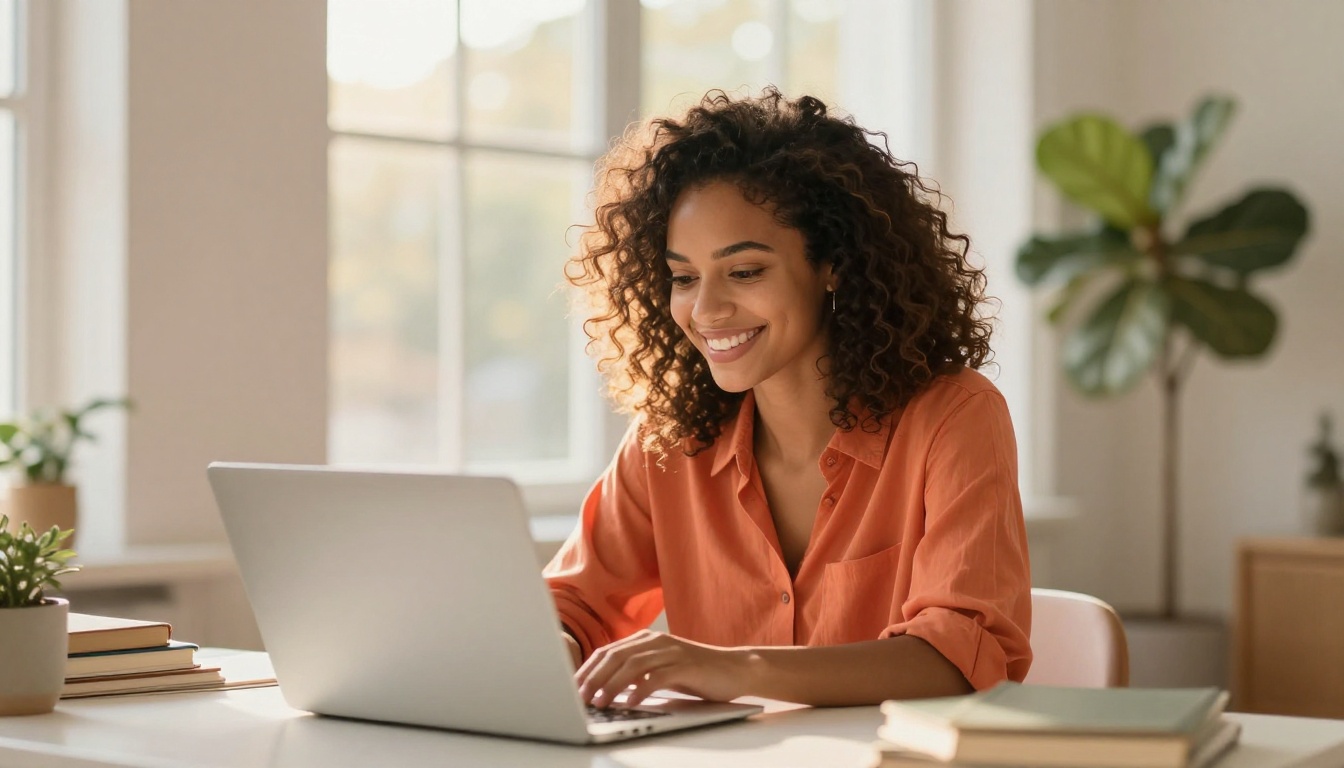 Cheerful woman smiling at her laptop in a warm golden-lit living room workspace Cheerful woman smiling at her laptop in a warm golden-lit living room workspace