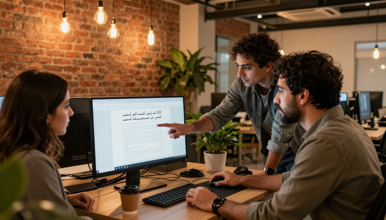 Middle Eastern publishing team of three gathered around large monitor reviewing Arabic digital layout in Beirut office Middle Eastern publishing team of three gathered around large monitor reviewing Arabic digital layout in Beirut office