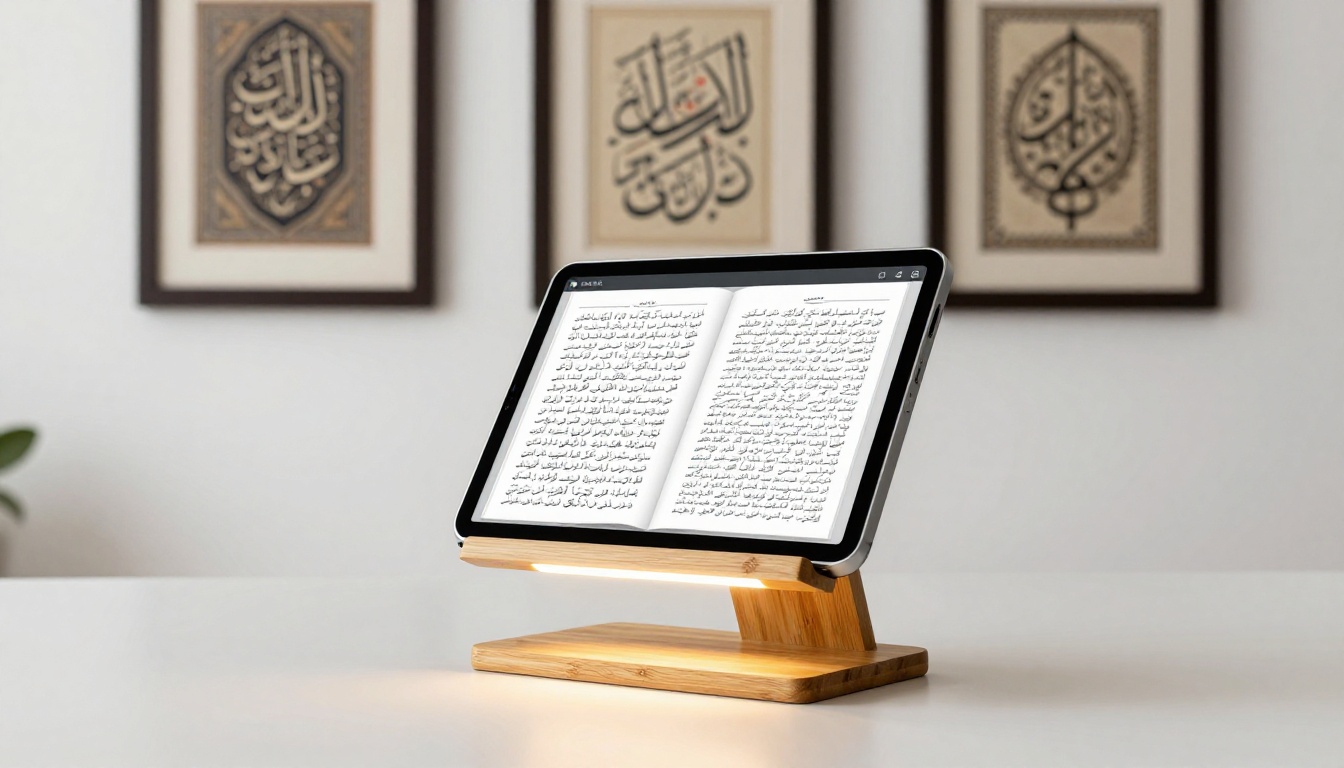 Modern tablet on bamboo stand showing Urdu nastaliq flipbook with calligraphy art on white wall behind Modern tablet on bamboo stand showing Urdu nastaliq flipbook with calligraphy art on white wall behind