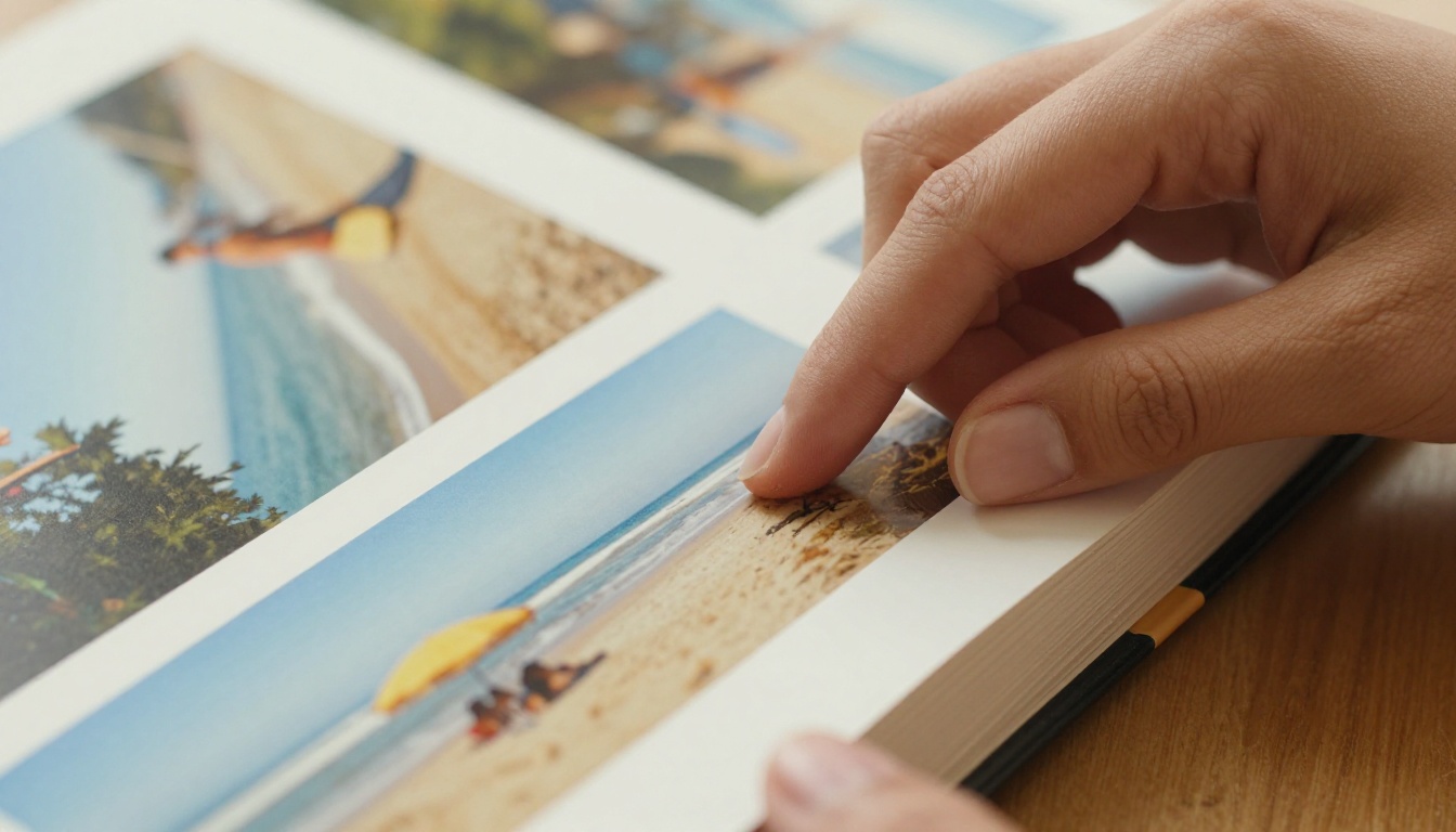 Hands gently turning the glossy page of a family photo album