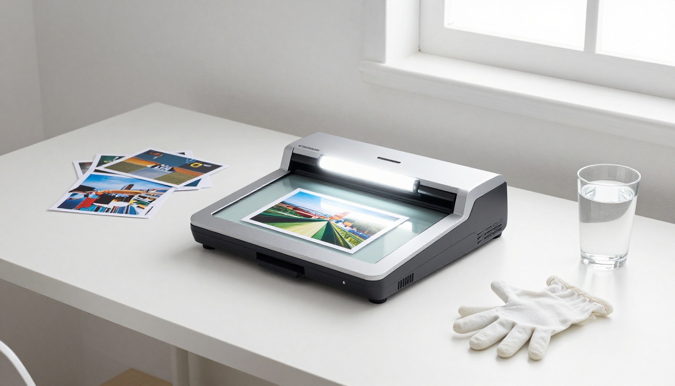 Flatbed scanner digitizing printed family photographs