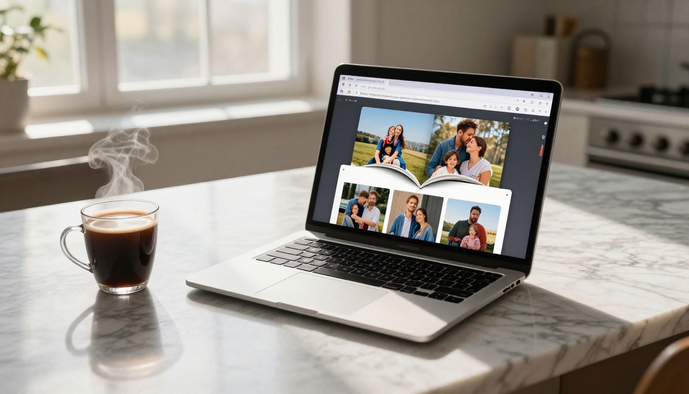Laptop displaying a digital photo flipbook with page-turn interface
