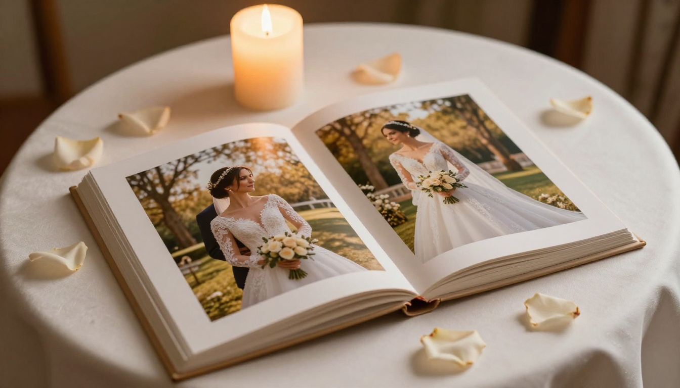 Elegant wedding photo album open on an ivory silk tablecloth with rose petals