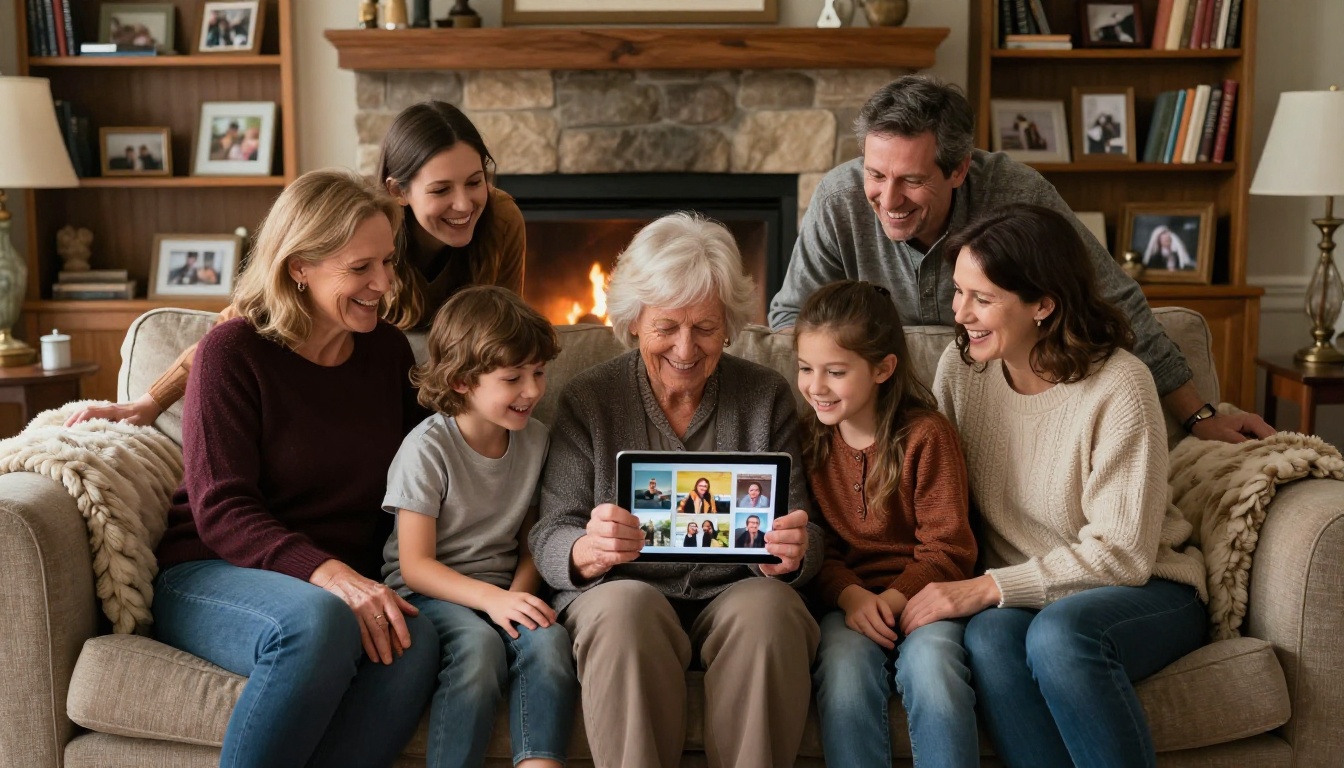 Multigenerational family gathered together sharing a digital photo flipbook on a tablet