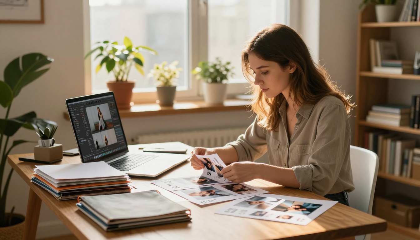Woman thoughtfully organizing printed photographs at a wooden desk