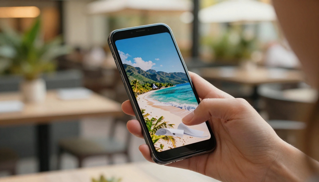 Smartphone displaying a digital photo flipbook with vivid travel photographs
