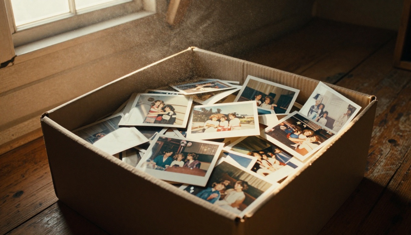 Vintage cardboard box overflowing with decades of printed family photographs