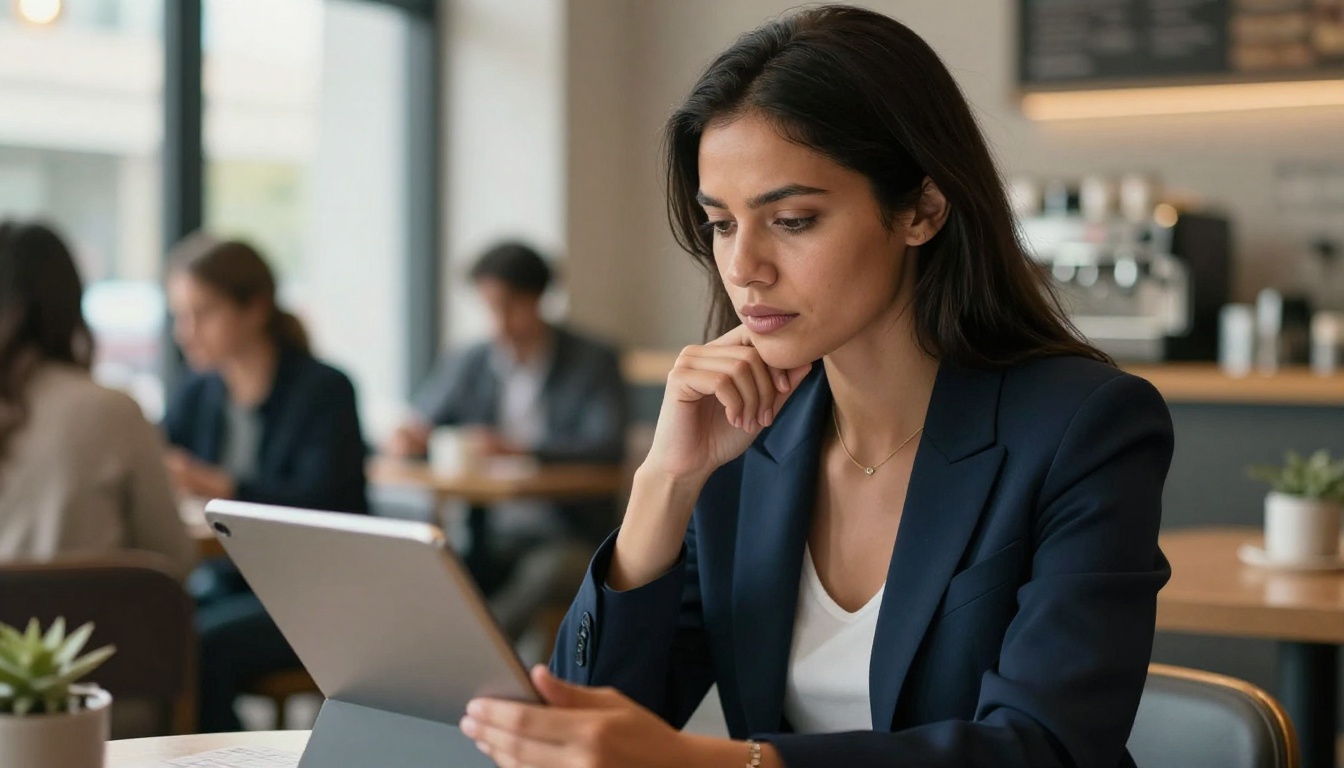 Professional woman examining a digital document on a tablet in a cafe Professional woman examining a digital document on a tablet in a cafe